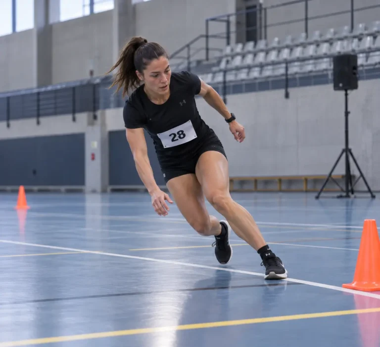 Opositora fent la cursa llançadora de 20 metres de la prova física d'agents rurals
