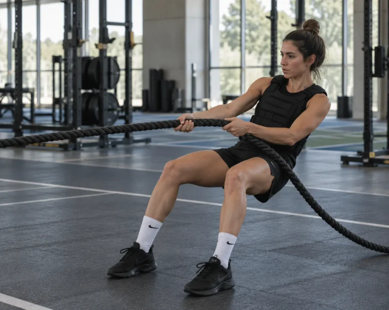 Opositora amb armilla llastada estirant una corda, el gest d'arrossegar el trineu de 96 kg de la prova física de bombers